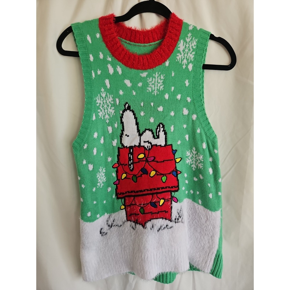 Peanuts‎ Snoopy Christmas Sweater Vest Women's Small Green Doghouse Holiday